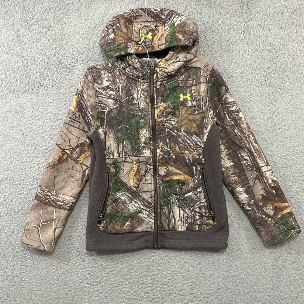 Under Armour Hoodie Youth Medium Brown Green Camo Full Zip Fleece Lined Hunting